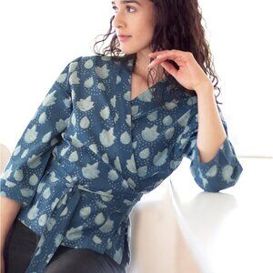 NEW Anokhi Wrap Top in Akola Leaf Cotton Batik Sz XL